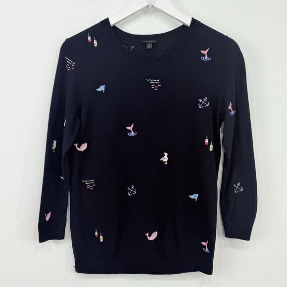 Talbots Nautical Embroidered Theme Navy Blue Long Sleeve Crew Knit Sweater - Picture 3 of 12